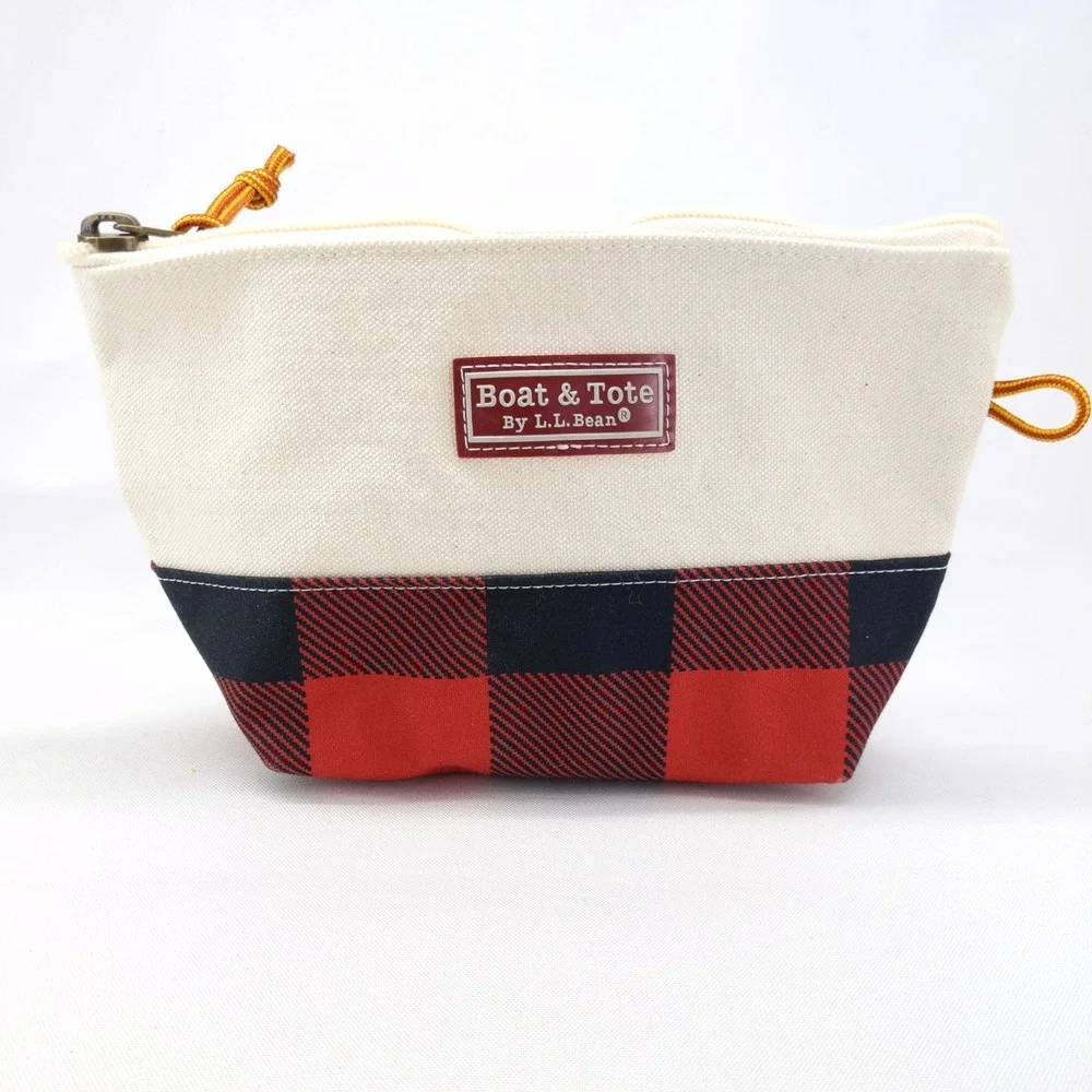 LL Bean Boat & Tote Pouch Cream Red Buffalo Plaid Canvas Zip Bag 509602